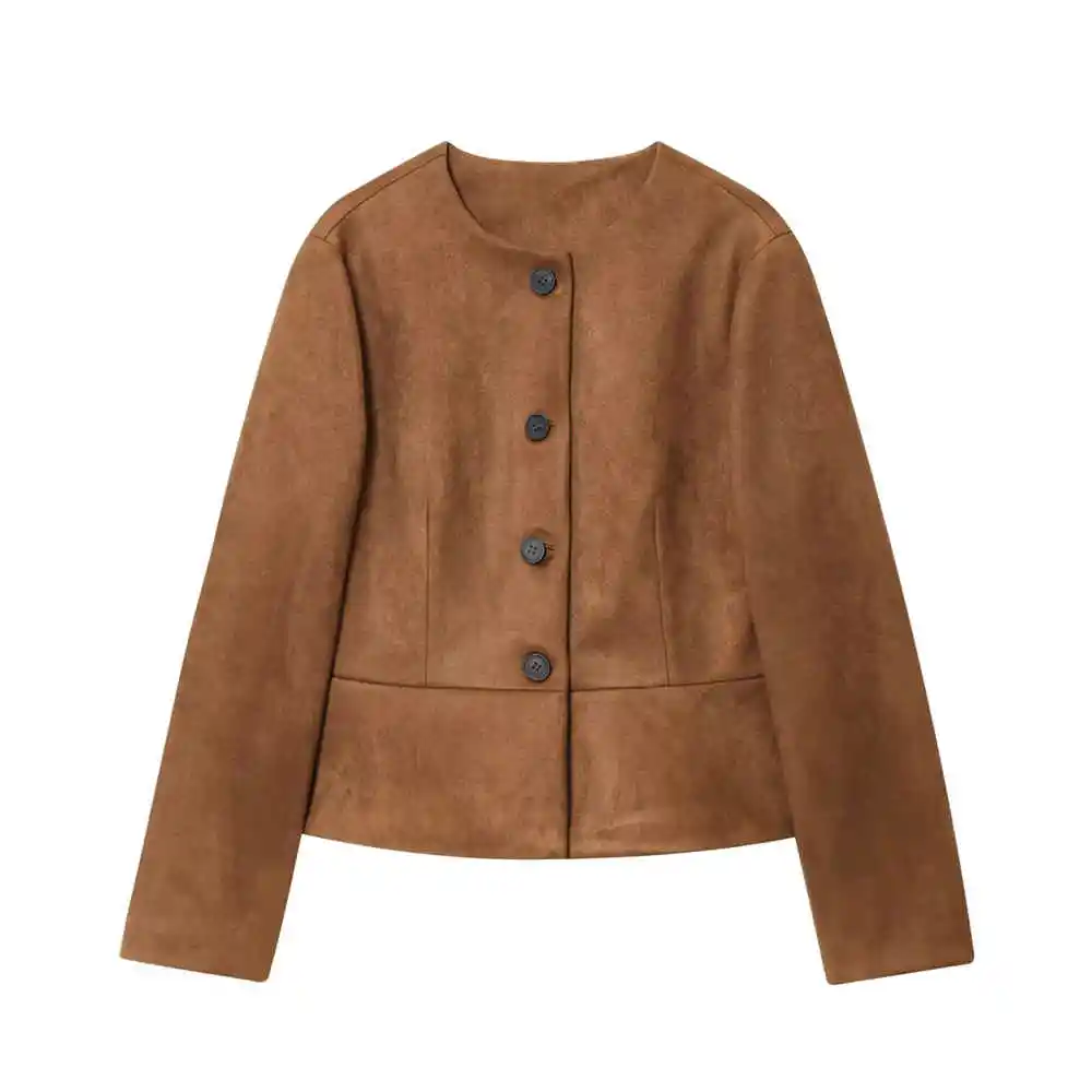 

Новая женская модная повседневная универсальная короткая куртка с круглым вырезом и длинными рукавами с однобортным декором