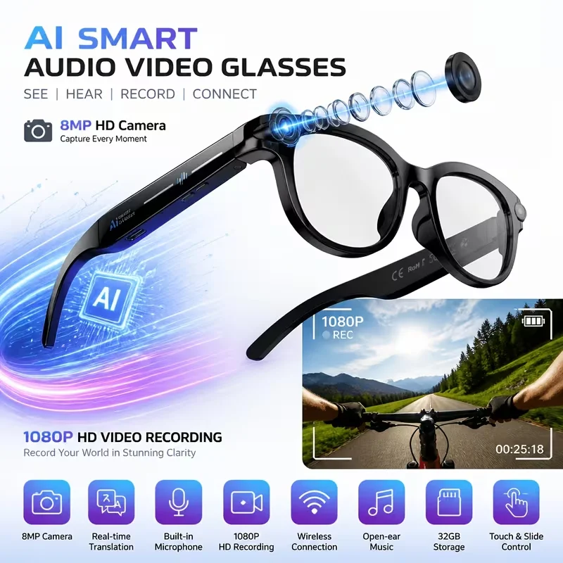 Smart glasses with a camera, 8-megapixel HD resolution, 3 interchangeable lens options, image stabilization, photo and video cap