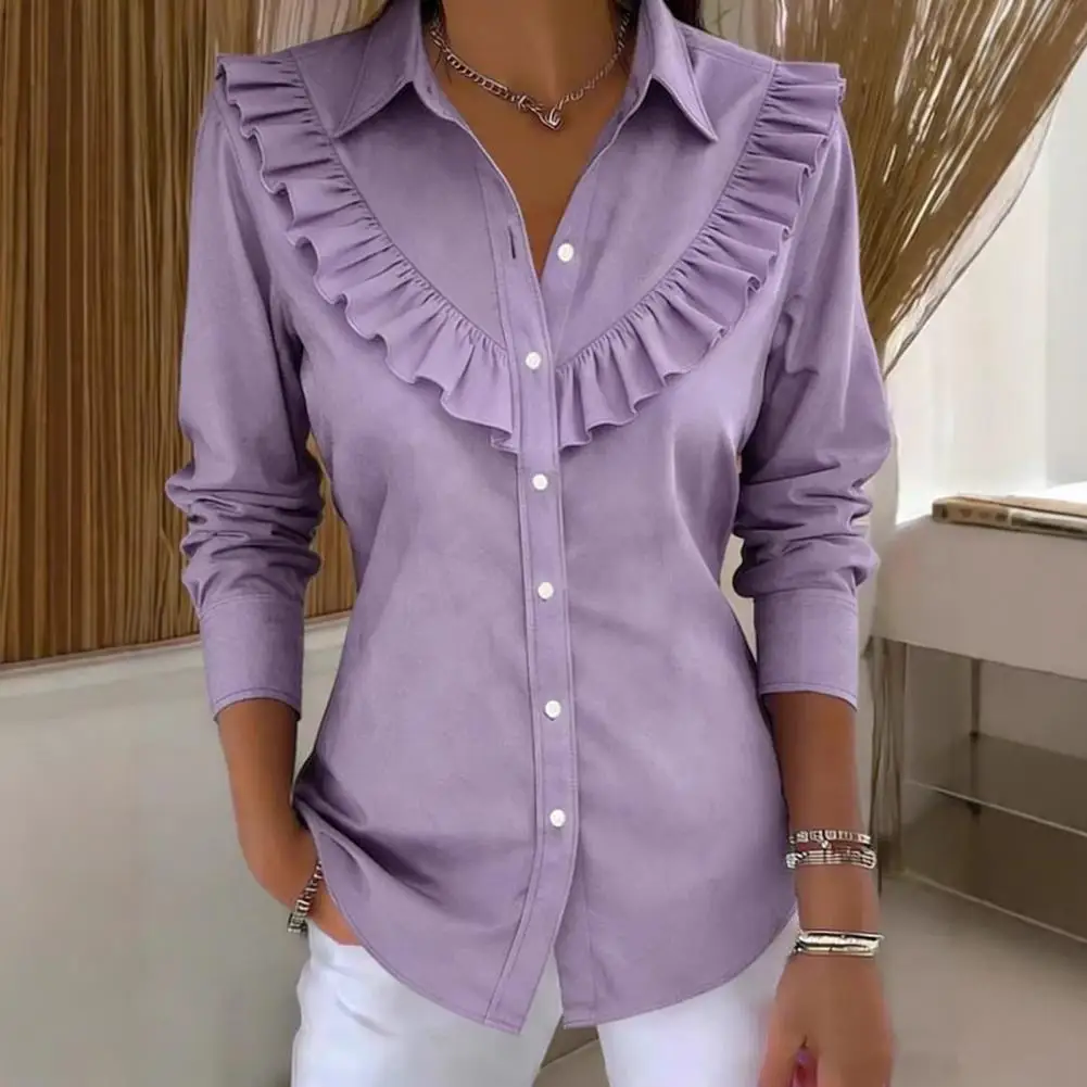 

Lightweight Shirt Skin-friendly Women Top Women’s Lapel Shirt with Ruffle Detail Long Sleeve Blouse Loose Fit Button for Work