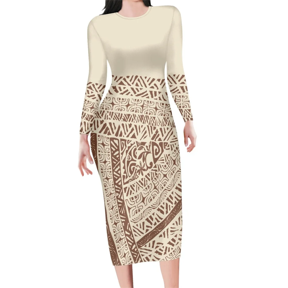 Polynesian Tribal Clothing Samoa Hawaiian Tapa O Neck Beige Maxi Dresses Printing Casual Long Sleeve Bodycon Oversized For Women