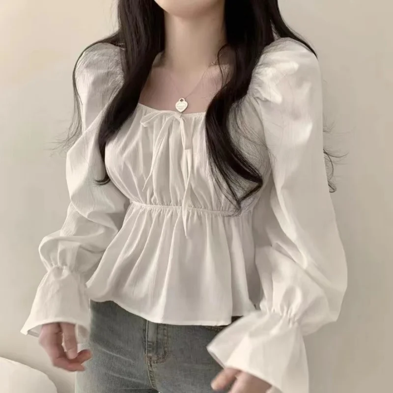 2024 Fashion New Ruffle White Long sleeved Women\'s Blouses Square Neck Sexy Short Shirt Korean Style Flare Sleeve Sweet Tops