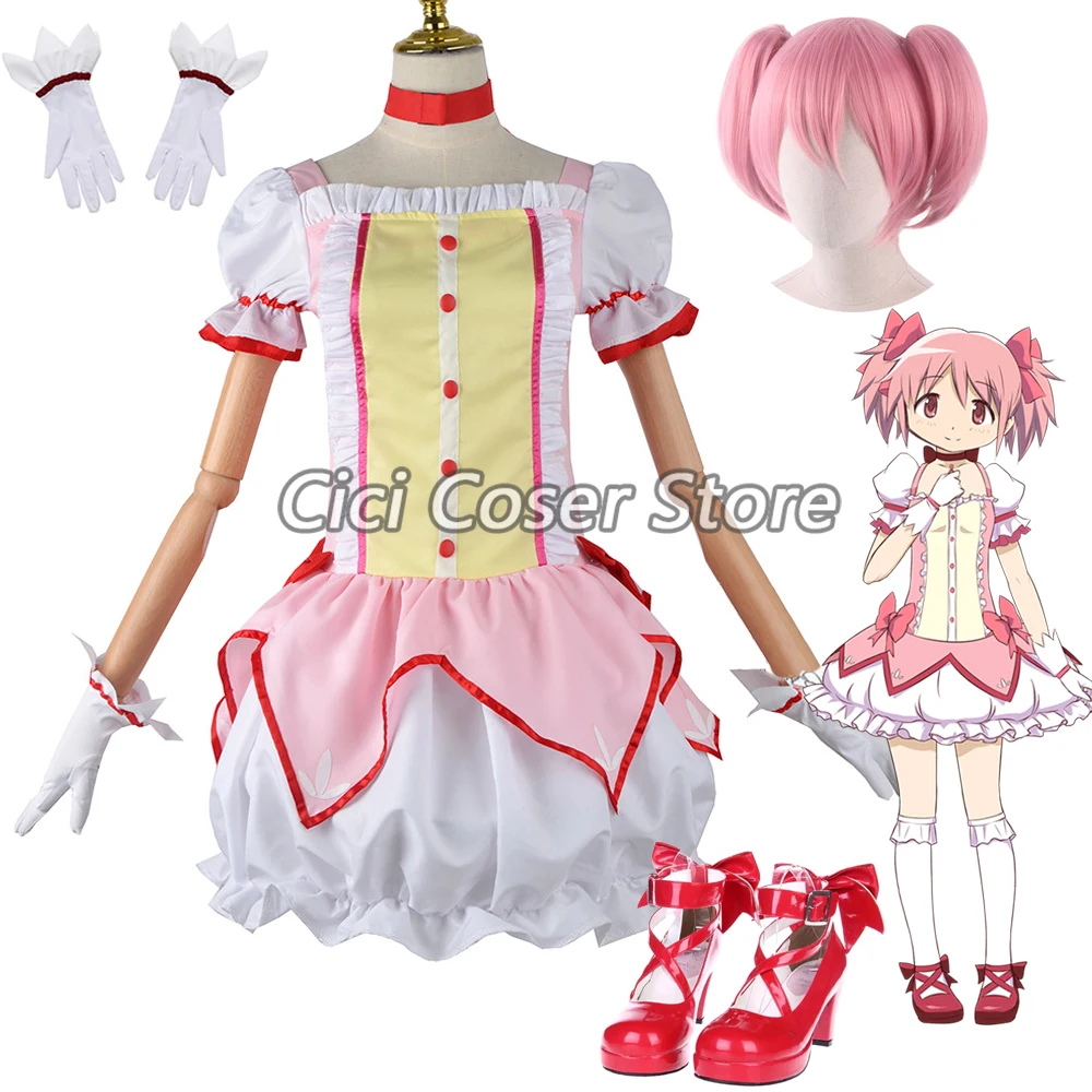 Disfraz de Puella Magi Madoka Magica para mujer, traje de Kaname Madoka, peluca, zapatos, dulce vestido de Lolita, uniformes de fiesta de Halloween