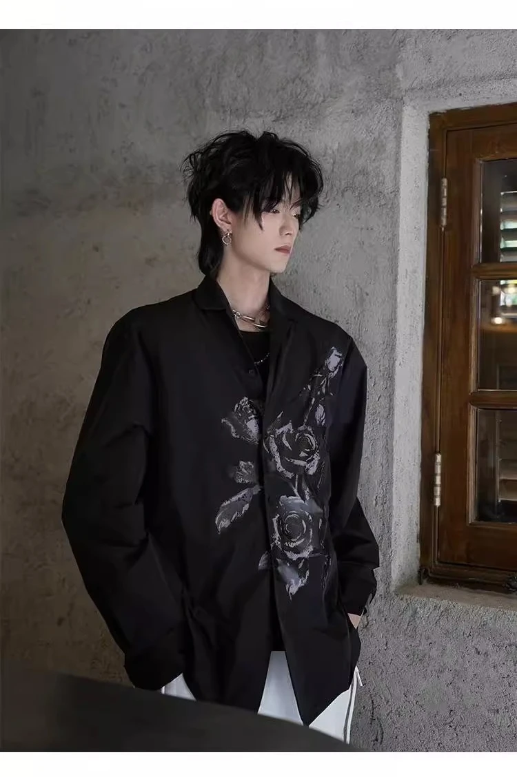 Spring Autumn New Personality Gothic Dark Rose Long Sleeve Leisure Shirt Men's American Fashion Handsome Chic Versatile Shirts