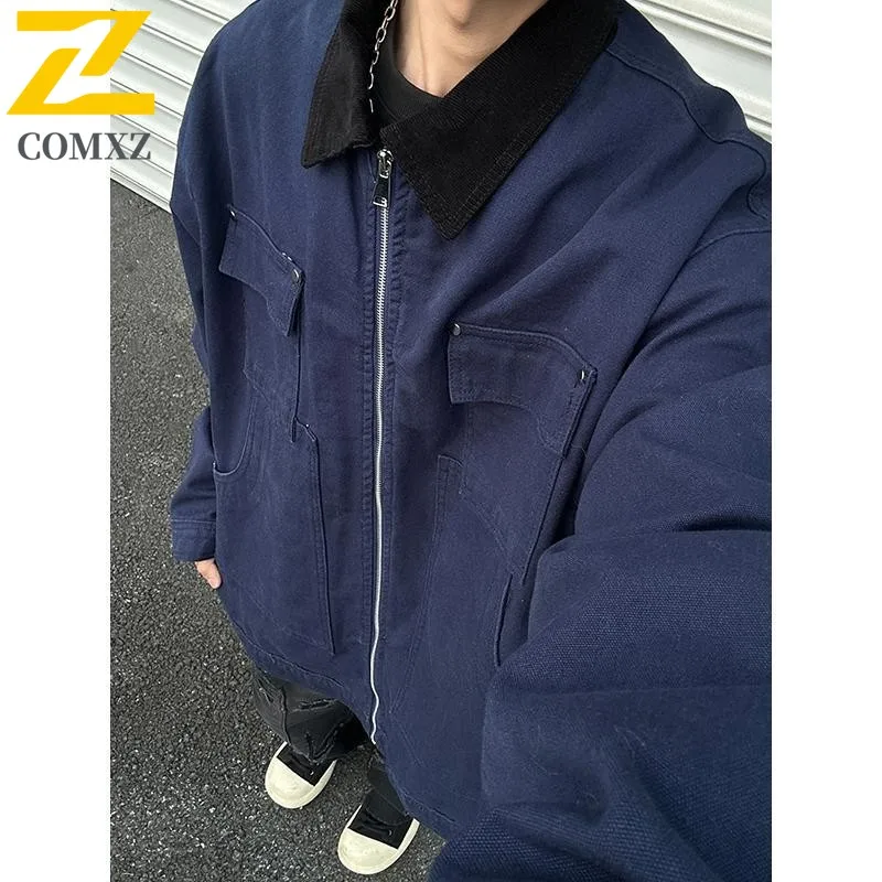 COMXZ Washed Denim Jacket Y2K American Zipper Stitching Flanging Design Streetwear Korean High Street Oversized Men Windbreaker