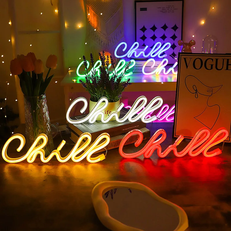 LED Chill Neon Sign USB Batteries Powered Neon Light, Letters Decorative Night Lights For Bedroom Wedding Birthday Party Wall