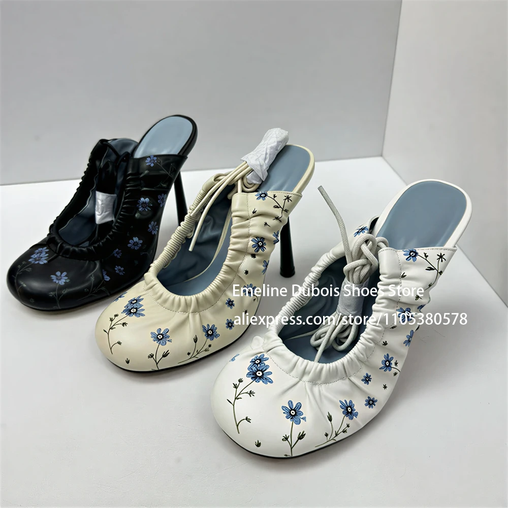 

White Floral Printed High Heel Mules Slip on Round Toe Ankle Cross Strap Stilettos Sandals for Women Party Date Casual Chic Wear