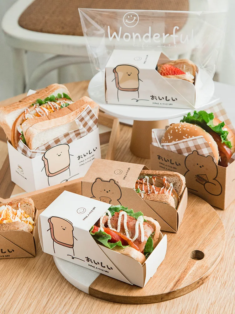 10pcs/lot Sandwich Box/Bag Wrapper Paper Bread Box Hamburger Portable Packaging Toast Box Breakfast Hotdog Box Baking Decor