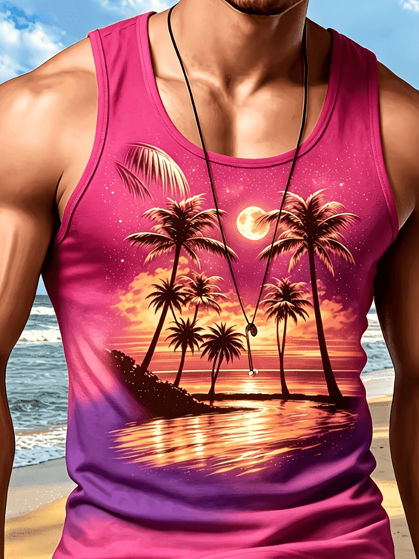 Men's Red Tropical Palm Tree Full Moon Beach Graphic Tank Top, Sleeveless Muscle Vest Summer Holiday Casual Workout Tank Shirt