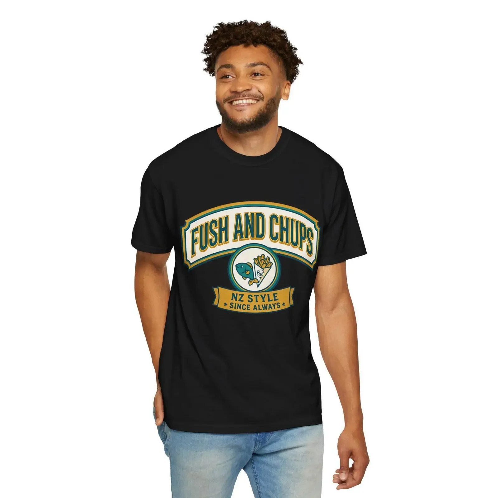 Fush and Chups T Shirt Funny Kiwi Accent New Zealand Food Humor Fish Chips NZ Diner Style vintage Washed Stylish Stretched