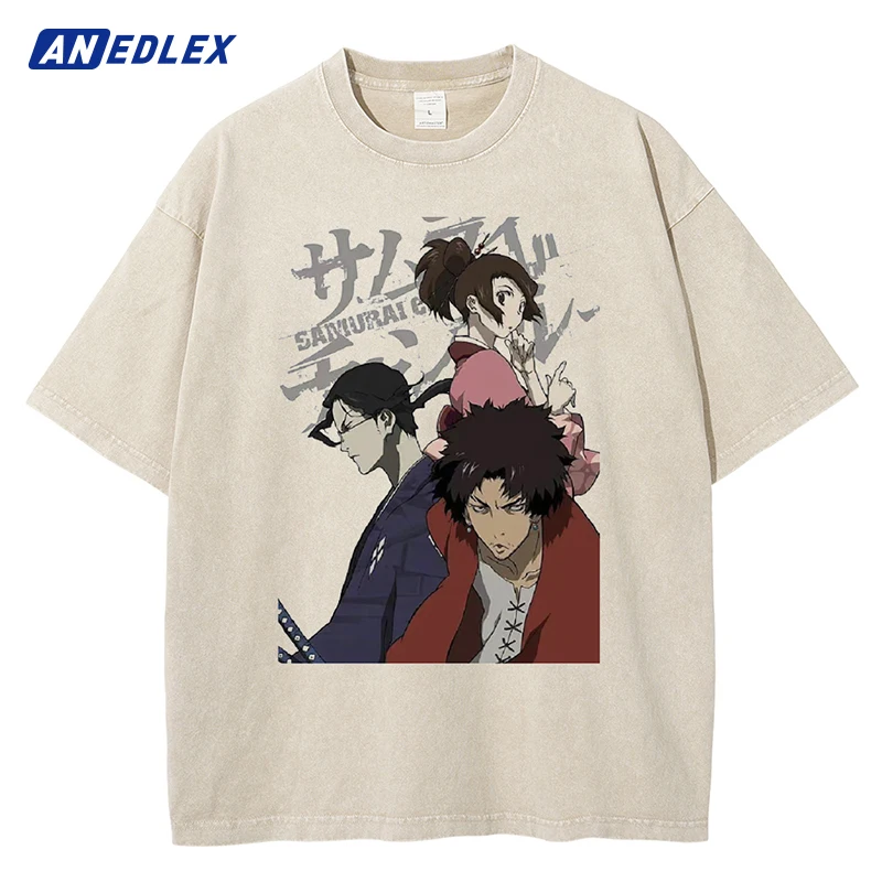 

Men Washed Apricot T Shirt Japanese Anime Graphic Print T-Shirt Vintage Streetwear Tops Cotton Summer Short Sleeve Tshirt