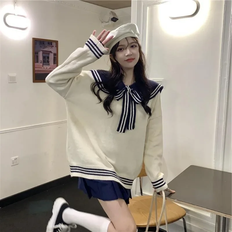 Women\'s Sweaters Gentle Contrasting Color Sailor Collar Bow Knitwears Loose Casual Sweet College Style Pullovers Ladies Clothing