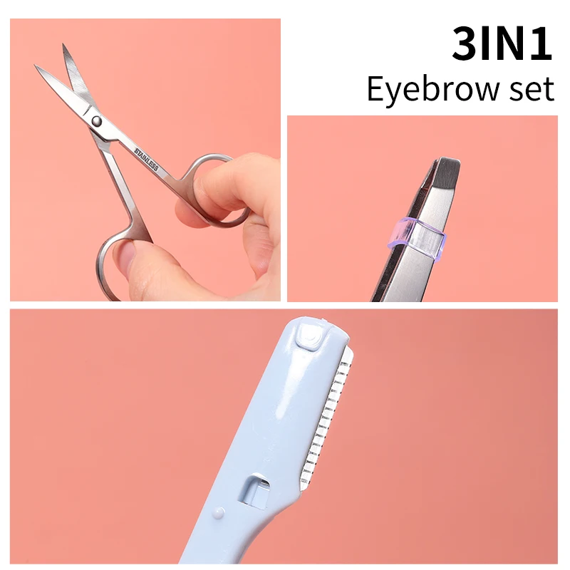 3-em-1 conjunto de ferramentas de maquiagem lâmina curvada tesoura, aparador, pinças beleza aço inoxidável cílios sobrancelha nariz removedor de pêlos navalha