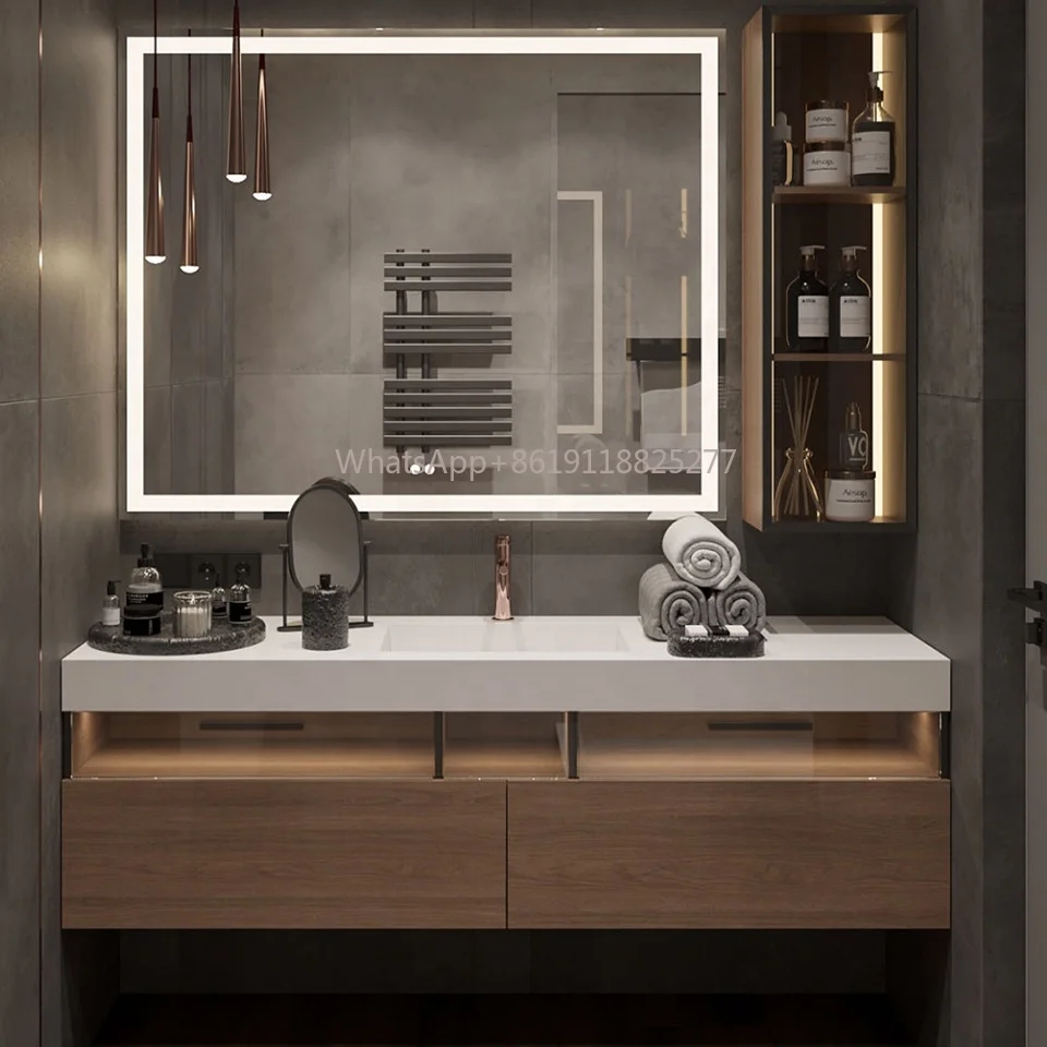 Lavabo integrado de madera maciza, armario de baño, luz LED, espejo inteligente, estante de almacenamiento, pequeño apartamento, Hogar Moderno