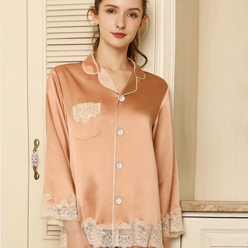 Spring Autumn New Fashion Lace Edge Pajamas for Women Ice Silk Elegant Women's Sets V-neck Cardigan Home Clothes for Women