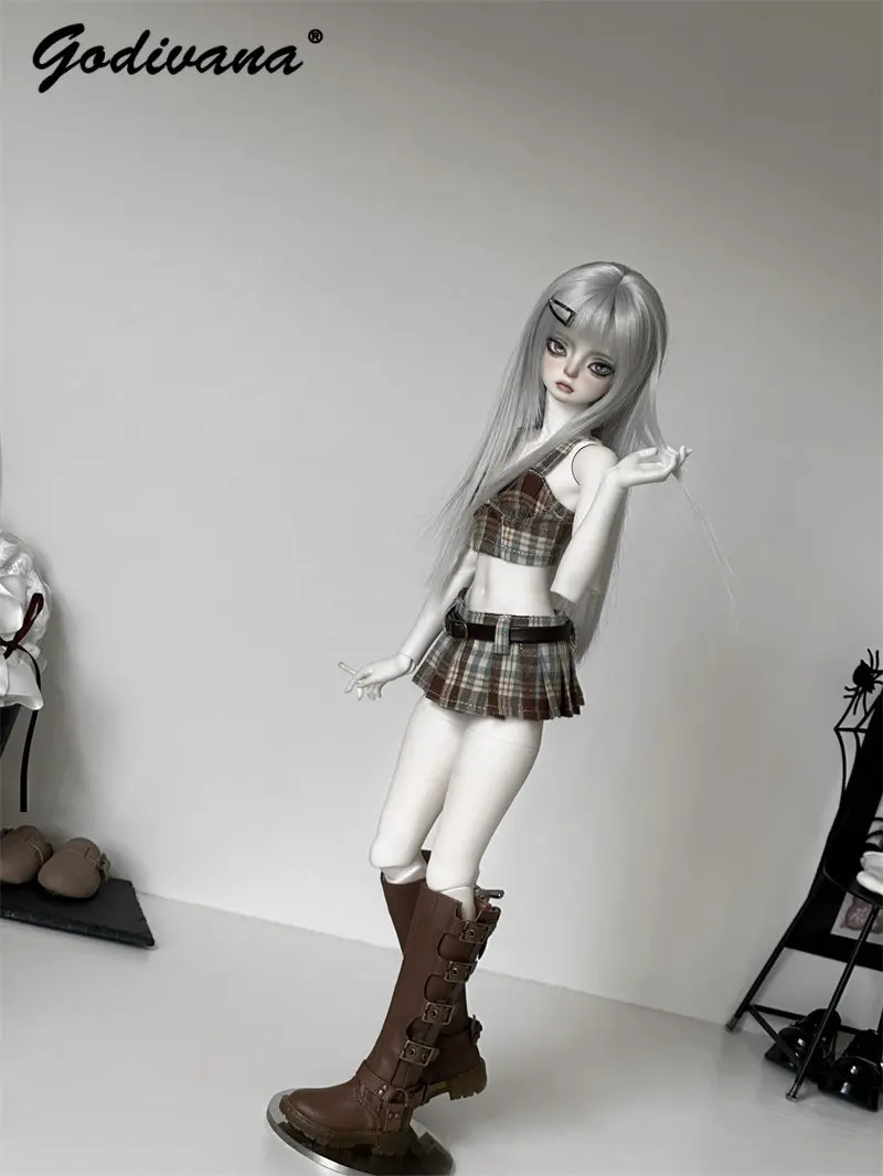 BJD Doll Streetwear Clothes Suspender Top with Pleated Skirt Belt Three Pieces Set Merad Plaid Skirt Daily Set for 1/4 1/3 Sd16