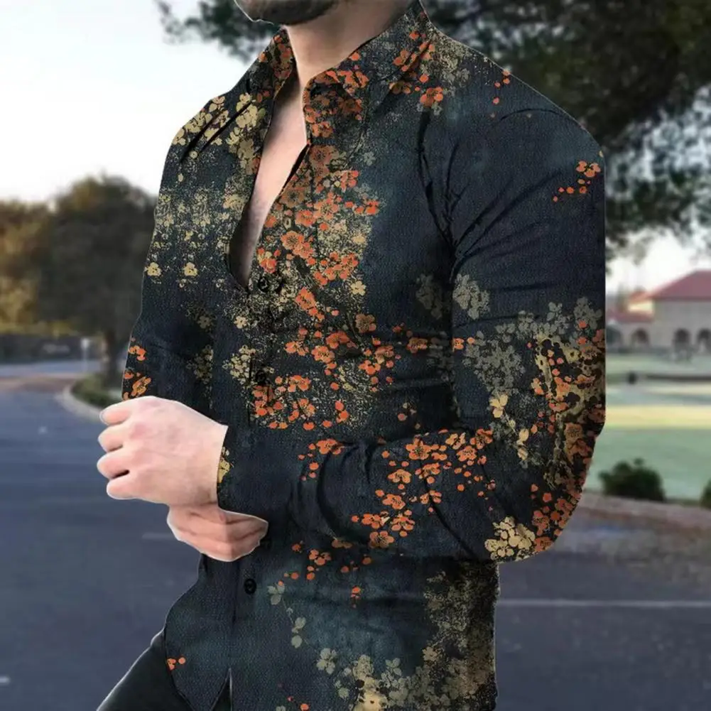 

Breathable Men Shirt Flower Print Slim Fit Men's Shirt with Long Sleeve Turn-down Collar for Spring Summer Breathable Soft Mid