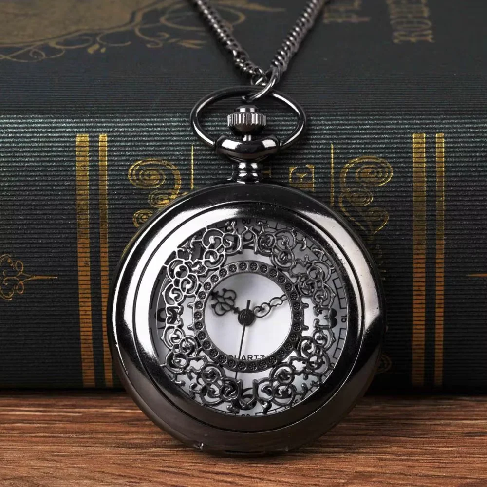 

1048 Vintage Classic Black Large Pocket Watches White Flower Perspective Quartz Watch with Necklace
