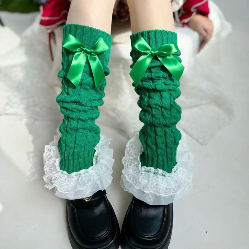 Women Cable Knit Leg Warmers Japanese Tiered Ruffled Lace Bowknot Foot Covers