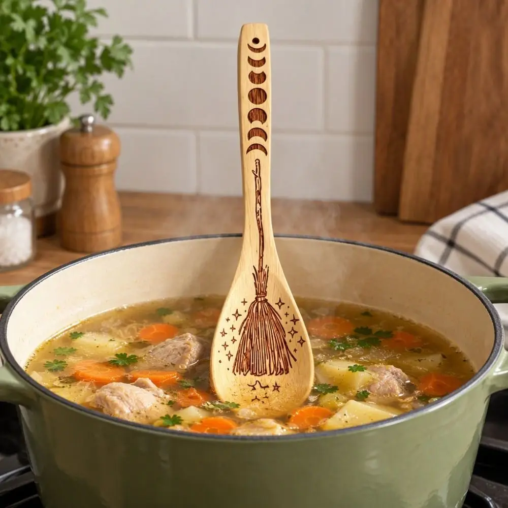 Wooden Halloween Witch Stirring Spoon Laser Engraved Large Size Halloween Witchy Decorative Spoon Eco-Friendly