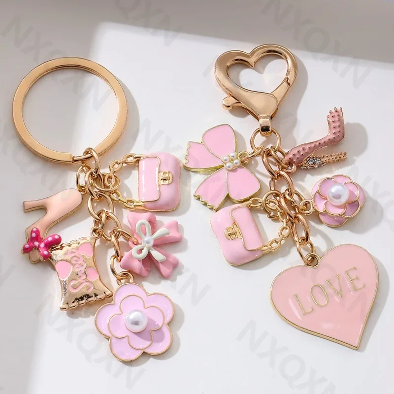 Pretty Pink Heart Flower Bow Knot Bag Enamel Keychain Cute Fashion Key Ring For Women Girls Handmade Birthday Gift Jewelry Urn