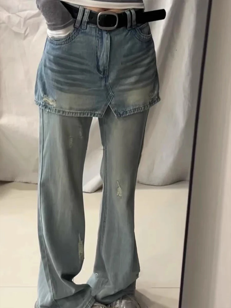 

plus Size American Retro Denim Skirt Pants Women's Summer Layering Wide Leg Floor-Length Skirt High Waist Jeans Trousers