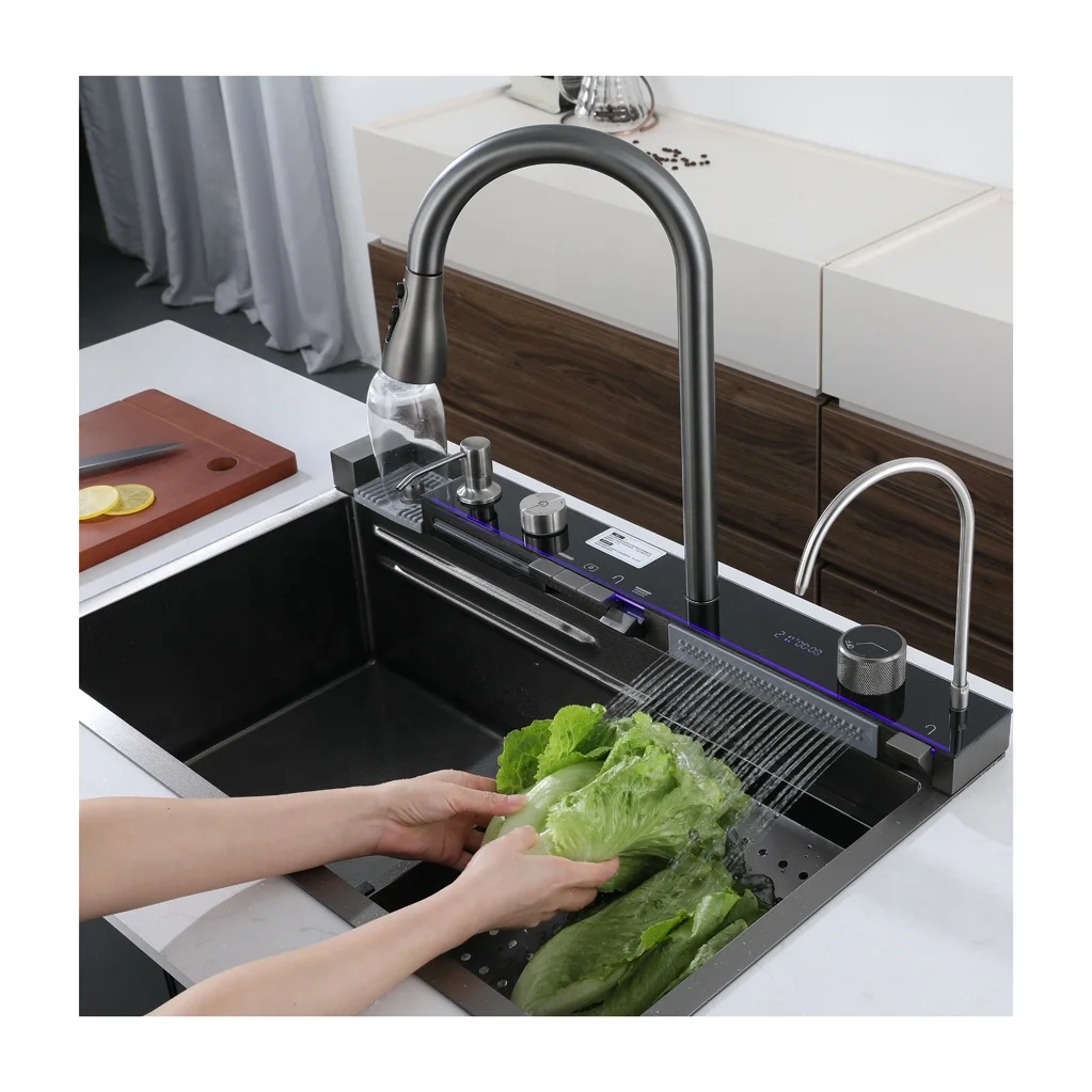 Para productos para el hogar inteligente, luz LED negra, Fregadero Acero Inoxidable, ducha de lluvia, lavavajillas, cascada, fregadero de cocina con taza Wa