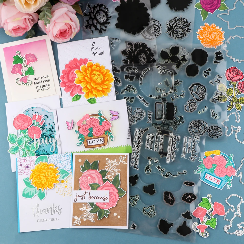 Bountiful Bouquet Clear Stamps And Cutting Dies for Scrapbooking Paper Cards Making Morning Glory Peonies Roses Stamps New 2024