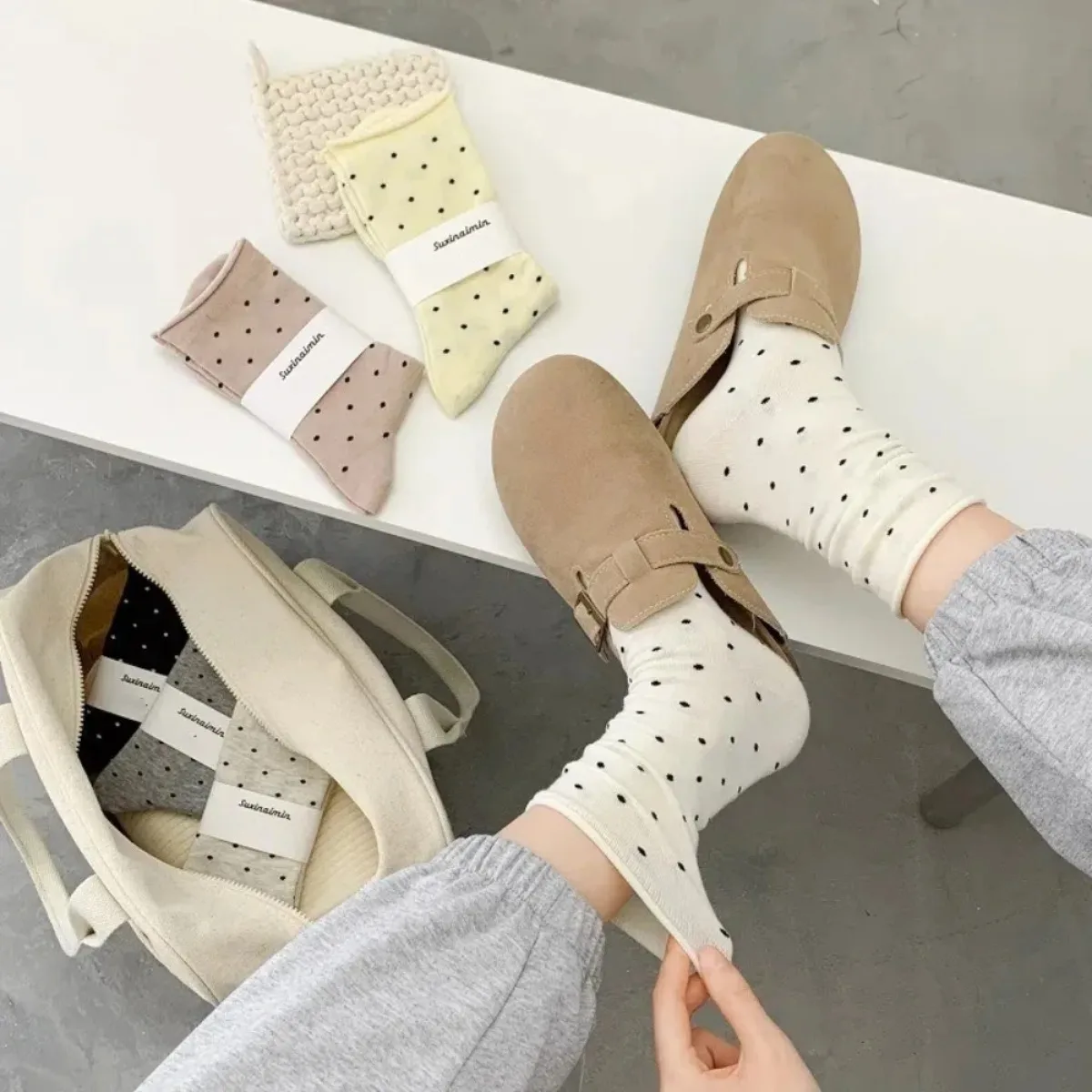 Women's Spring Summer Thin Vintage Cream Curled-edge Polka Dot Mid-tube Socks Uses For Women's Clothing Artistic Socks