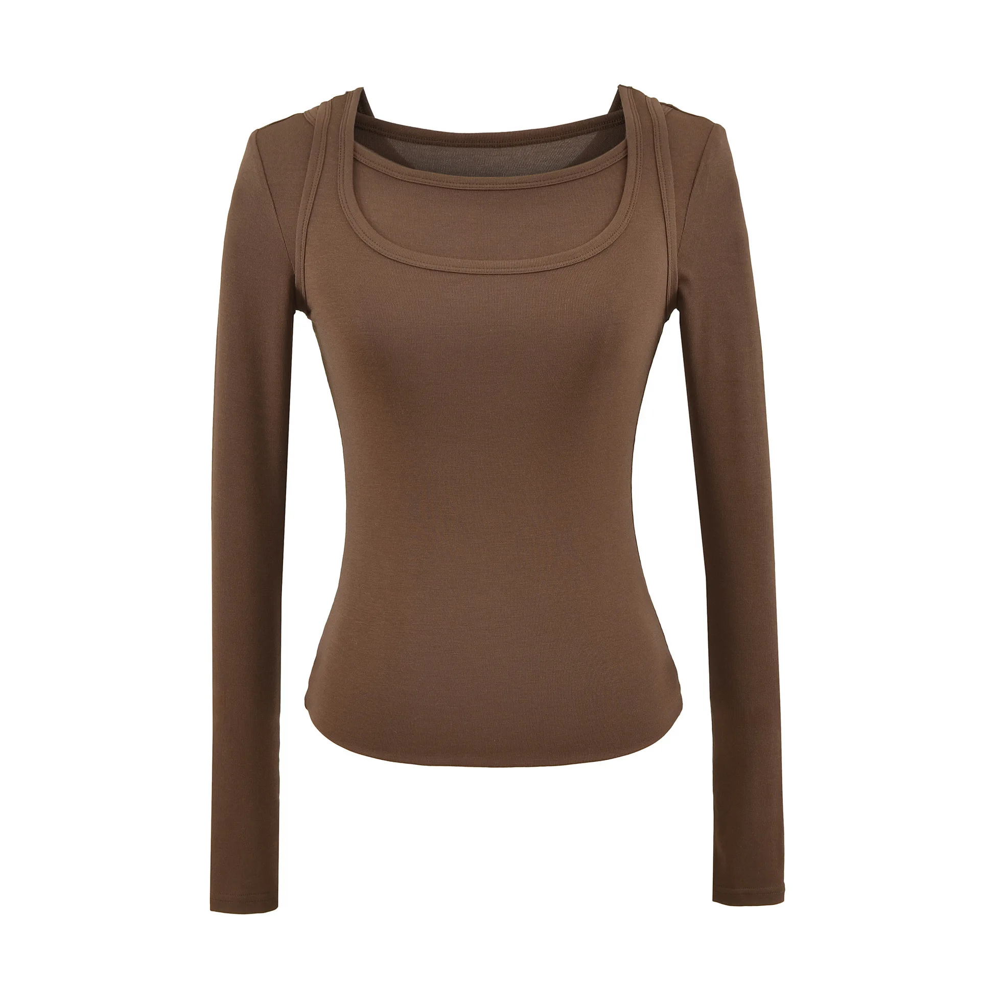 

Осенняя новая стильная американская эластичная футболка с двойным прессом для девочек, большая футболка с круглым вырезом и длинными рукавами для женщин, однотонная 64S2