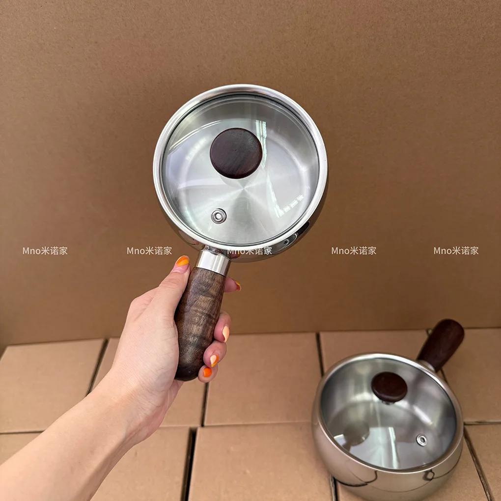 Stainless Steel 316 Mini Milk Pot With Walnut Wooden Handle Glass Lid Non Coated Baby Food Instant Noodle Soup Pot 120mm 140mm