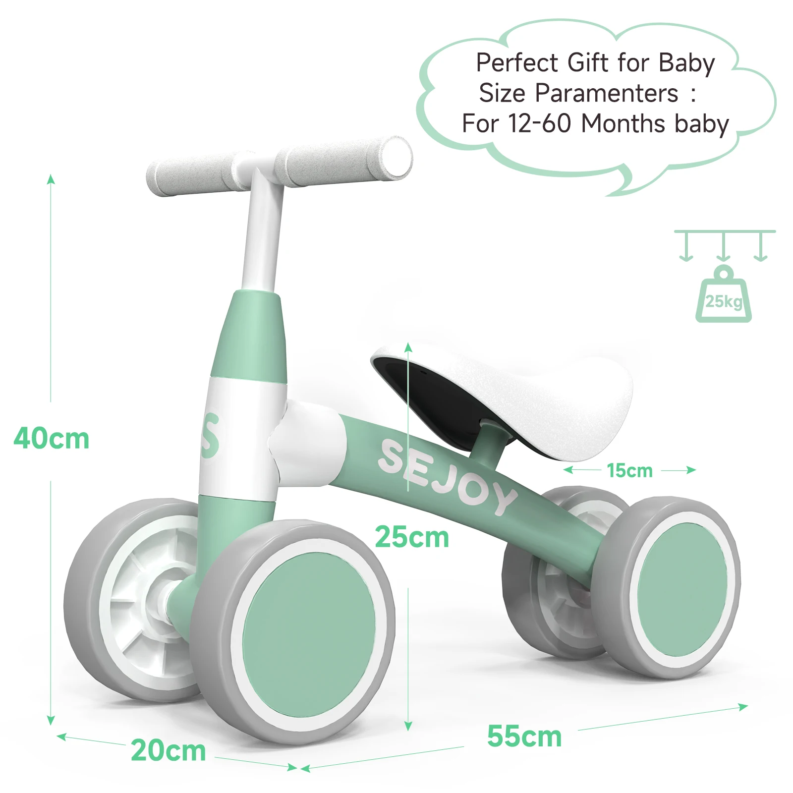 Sejoy Baby Balance Bike Children Walker for 1-3 Years Old Boys Girls 12-36 Months Kids Toddler 4 Wheels Riding Toys,Birthday Gif