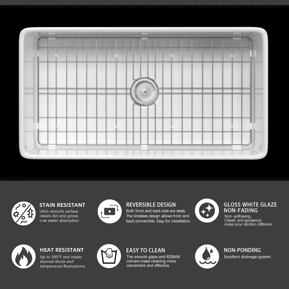 33 Inch White Base Kitchen Sink, Single Bowl Material Fireclay with Accessories, Product Dimensions 18 