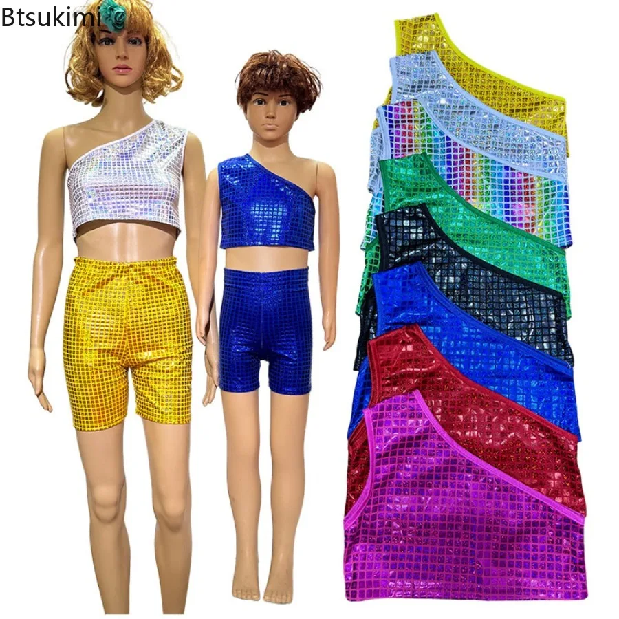Kids Girls One Shoulder Metallic Plaid Vest Sleeveless Crop Tops for Jazz Hip Hop Street Dance Cheerleading Stage Performance