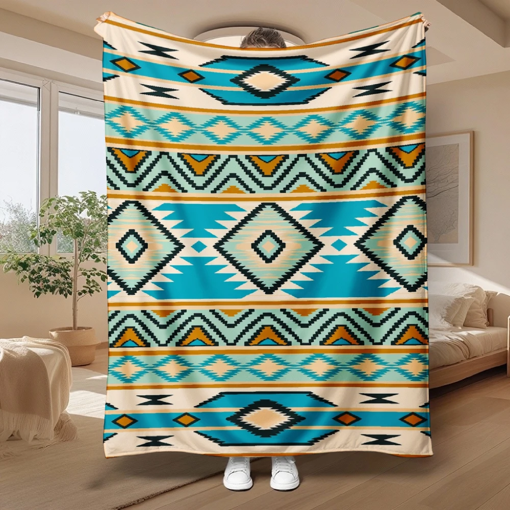 Retro Aztec Theme Throw Blanket - Fashion Olive Green Tribal Geometric Printed Cozy Soft Bed Blankets for Living Room Sofa