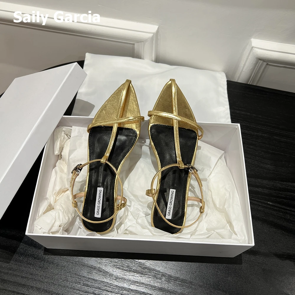 

Genuine Leather Gold Straight Strap Buckle Strap Sandals 2023 Summer New Solid Fashion Sexy Flat Shoes Open Toe Breathable Shoes