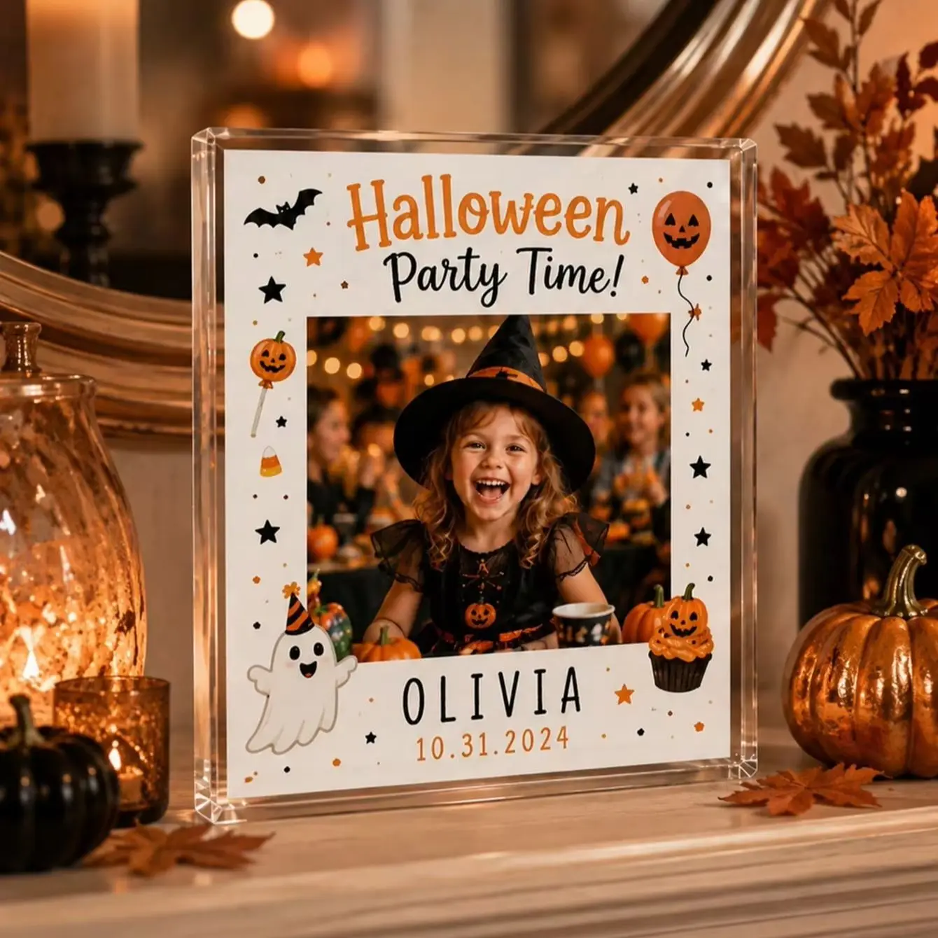 Custom Halloween Acrylic Photo Block, Personalized Kids Photo Frame, Custom Name Date Pumpkin Keepsake Tabletop Home Decor