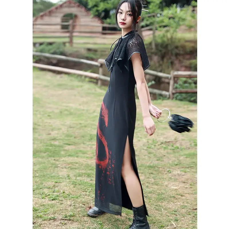 Summer western style daily Sleeveless dragon printing qipao improvement dress women vintage slim stand up collar cheongsam dress