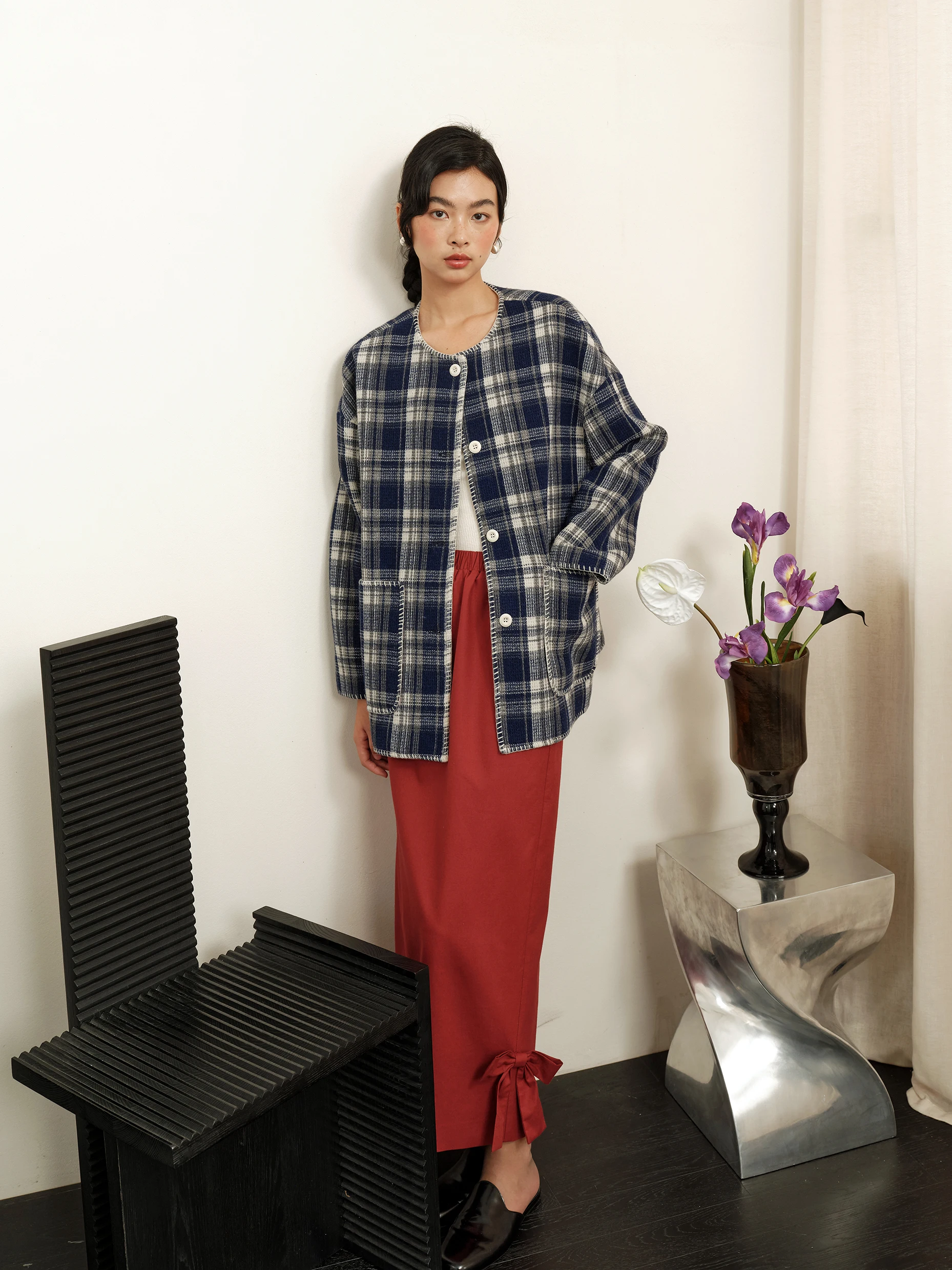 

YUANYE Original Wool Blend Blue White Plaid ell Embroidery Lo Stitch round Ne Outerwear Autumn Winter Women's Casual Sle