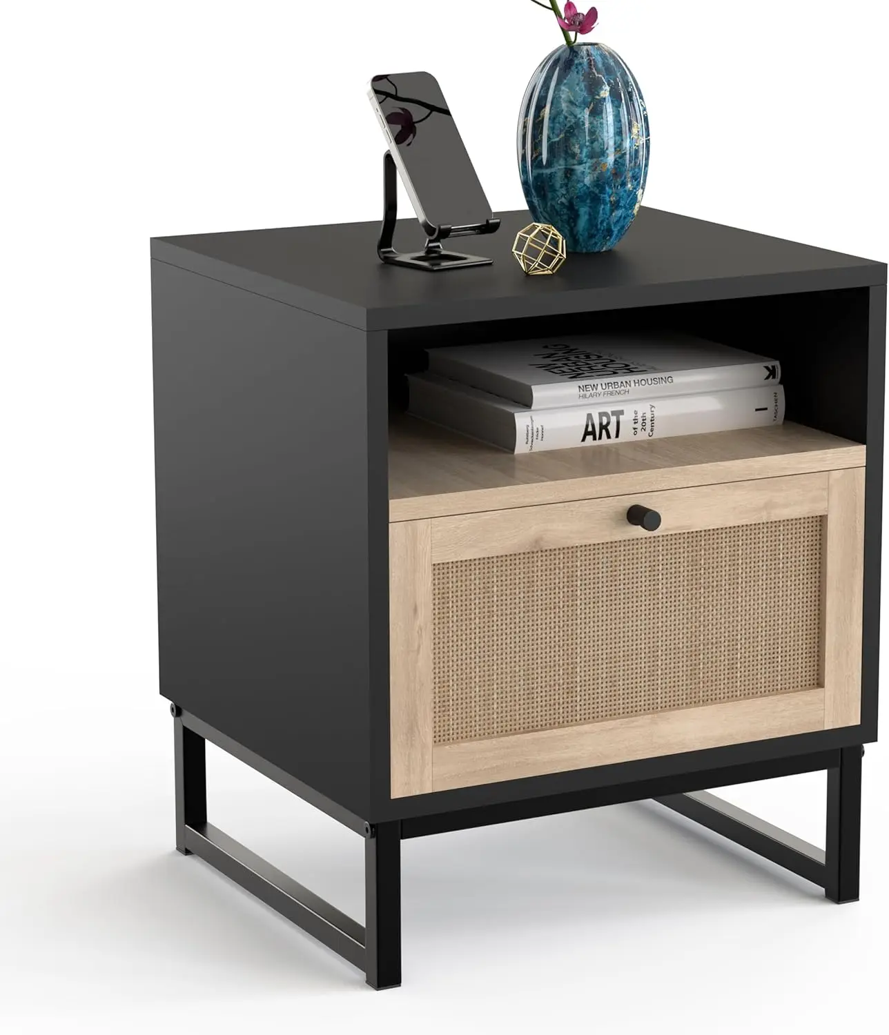 

Large Modern Rattan Nightstand | Wood with Cabinet | Natural Light Wooden End - Rattan Mesita de noche dormitorio Sideboard