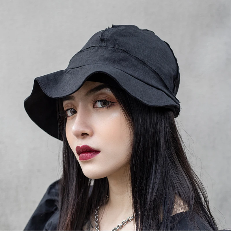 [EAM] Cappello da pescatore con temperamento nero da donna Nuovo temperamento a cupola rotonda Moda marea All-match Primavera Autunno 2024 1DF5346