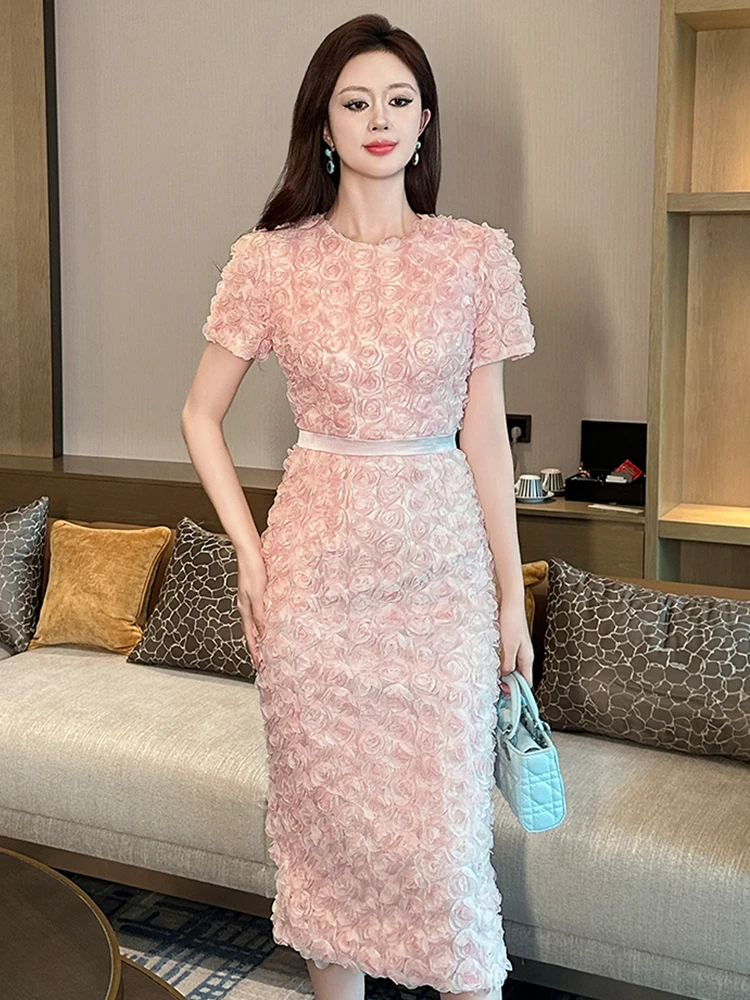 

Women's French Style Design Petal Bubble Sleeve Pink Dress for Woman Elegant Midi Robe Female Birthday Party Prom Vestidos