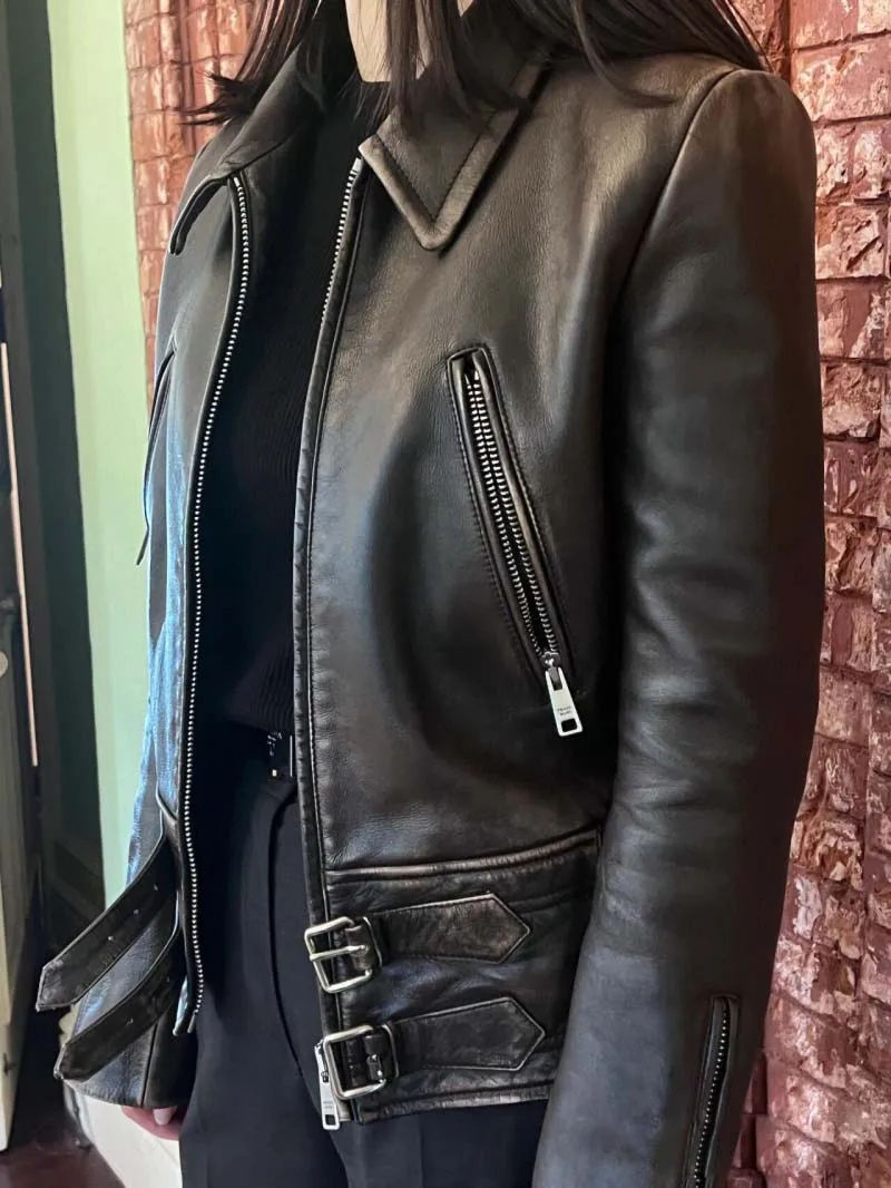 Street style women's leather jacket with a cinched waist for slimming, handsome and versatile flying jacket short jacket