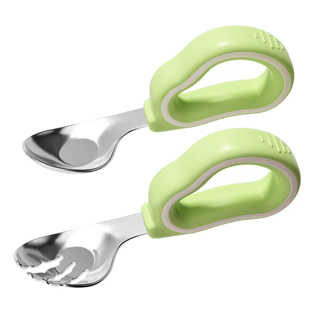 

1Set Children Training Fork Spoon Baby Silicone Handle Stainless Steel Tips Toddler Feeding Utensils Kids Lunch Box Cutlery