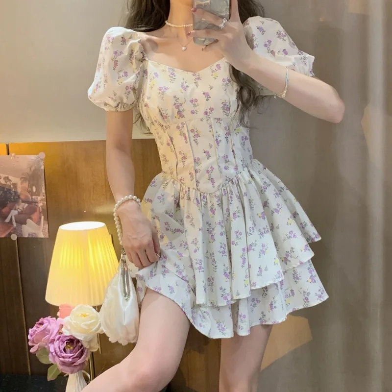 Dresses Women Gentle Floral Defined Waist Korean Fashion A-line Mini Chic Trendy Square Collar All-match Vestidos Summer Y2k