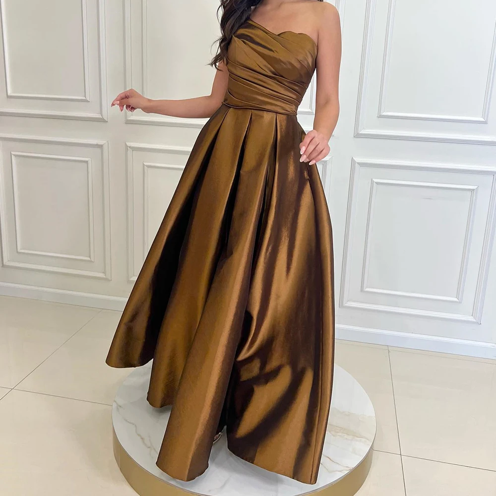 

Customized Exquisite Draped Strapless Floor Length A-Line Evening Dress Satin Sleeveless Sweep Train Pleat платье вечернее