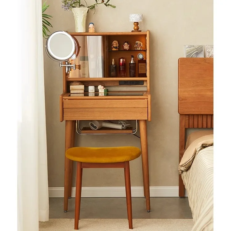 

Small apartment solid wood dresser narrow retro medieval cherry wood makeup table bedside table integrated