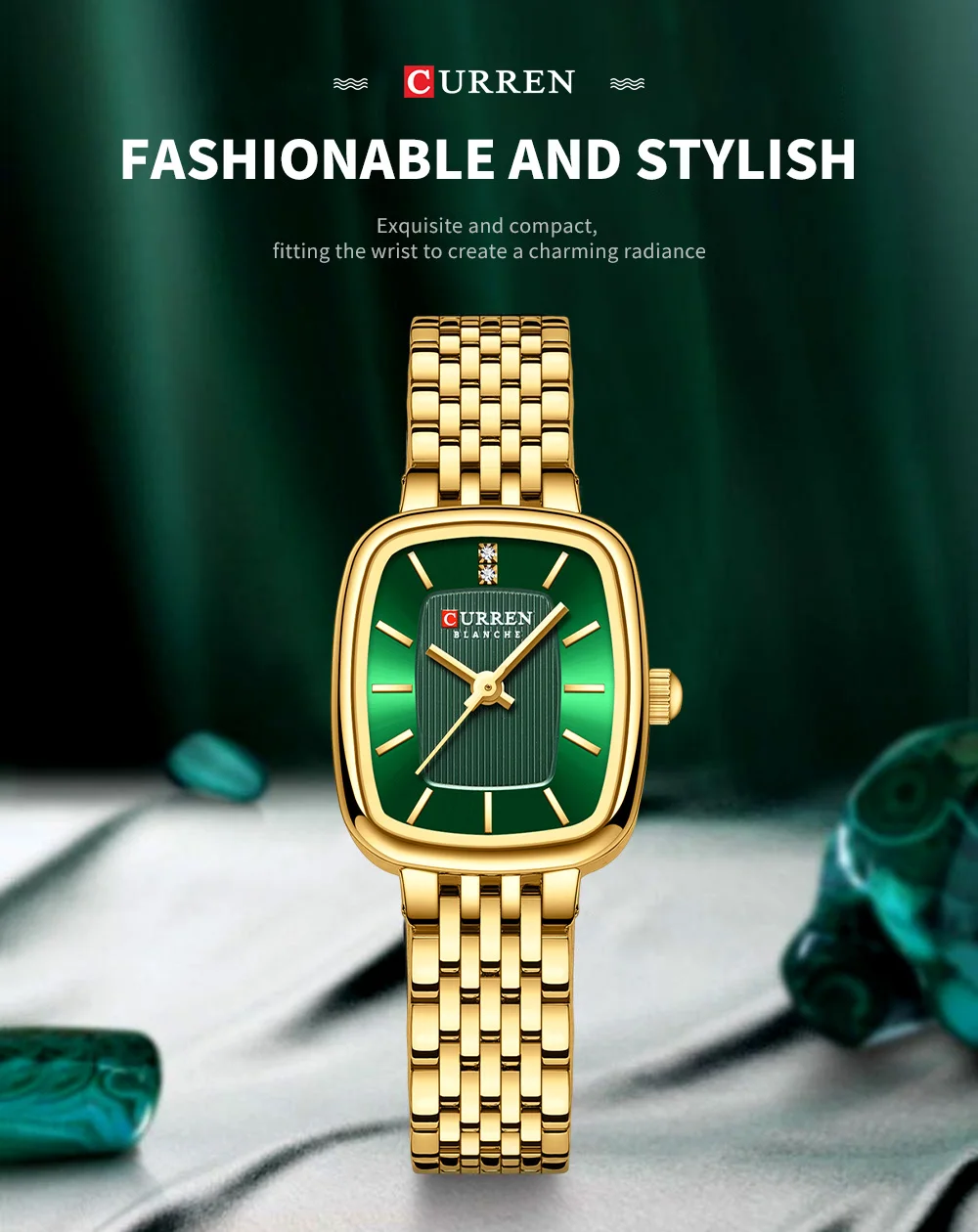 Curren 9093 Damen-Quarzuhr, wasserdicht, luxuriös, Party-Damenuhr, elegantes goldenes rechteckiges Zifferblatt, Quarzuhr, Armband, Geschenk – Detail 1