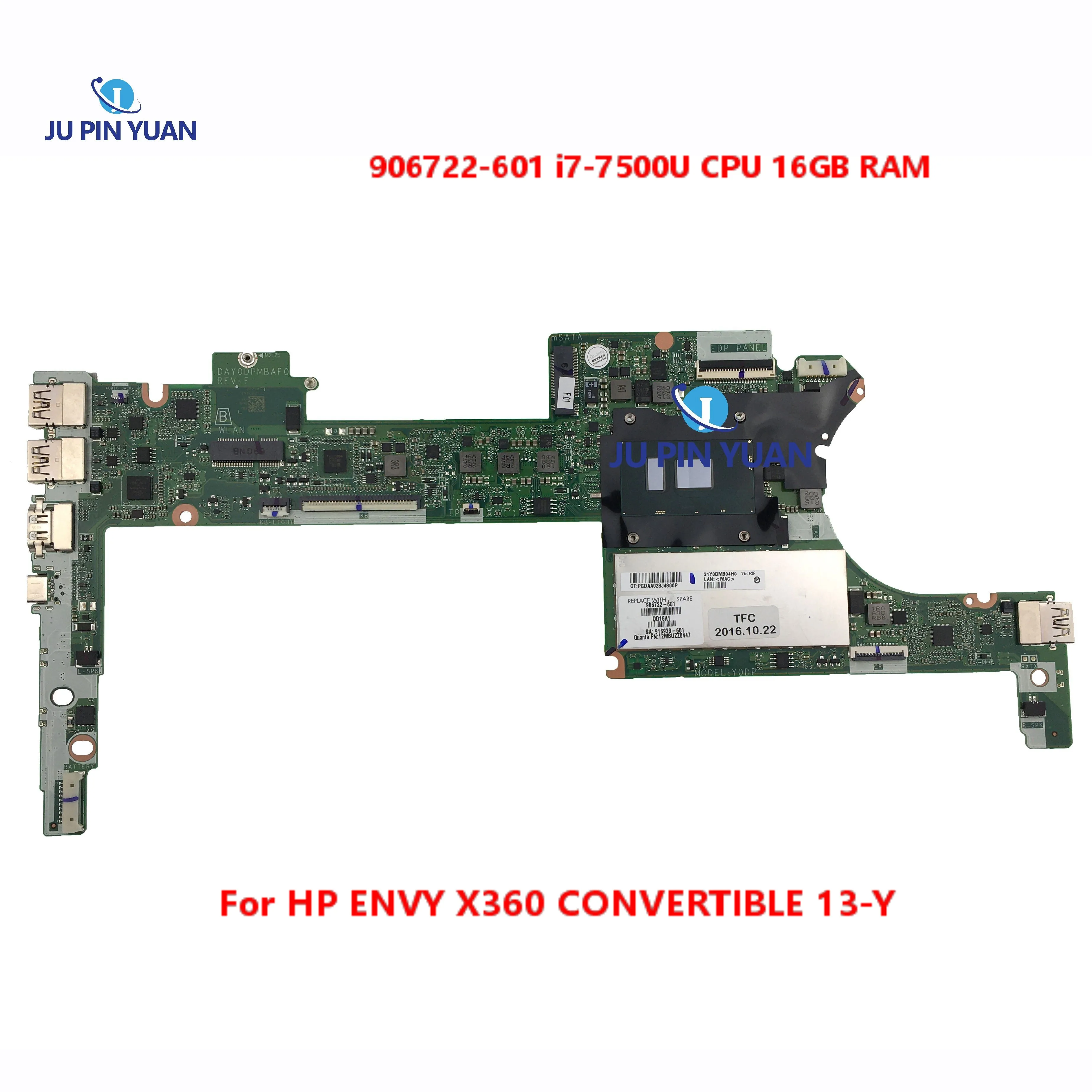 For HP ENVY X360 CONVERTIBLE 13-Y Laptop Motherboard DAY0DPMBAF0 i7-7500U CPU 16GB RAM  Mainboard 906722-601 906722-001