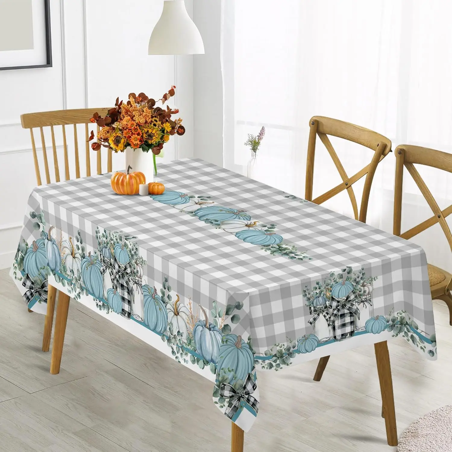 2026 Fall Harvest Blue Pumpkinsc Check Rectangle Tablecloth Party Decor Reusable Dining Tablecloth Thanksgiving Decoration