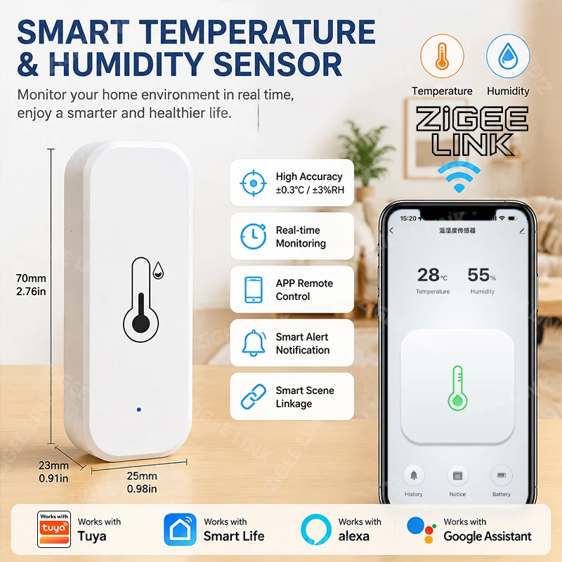 Zigbee3.0 Thermometer Hygrometer Sensor Indoor Ambient Monitor With APP Notification Alert For Household Environmental Tracking
